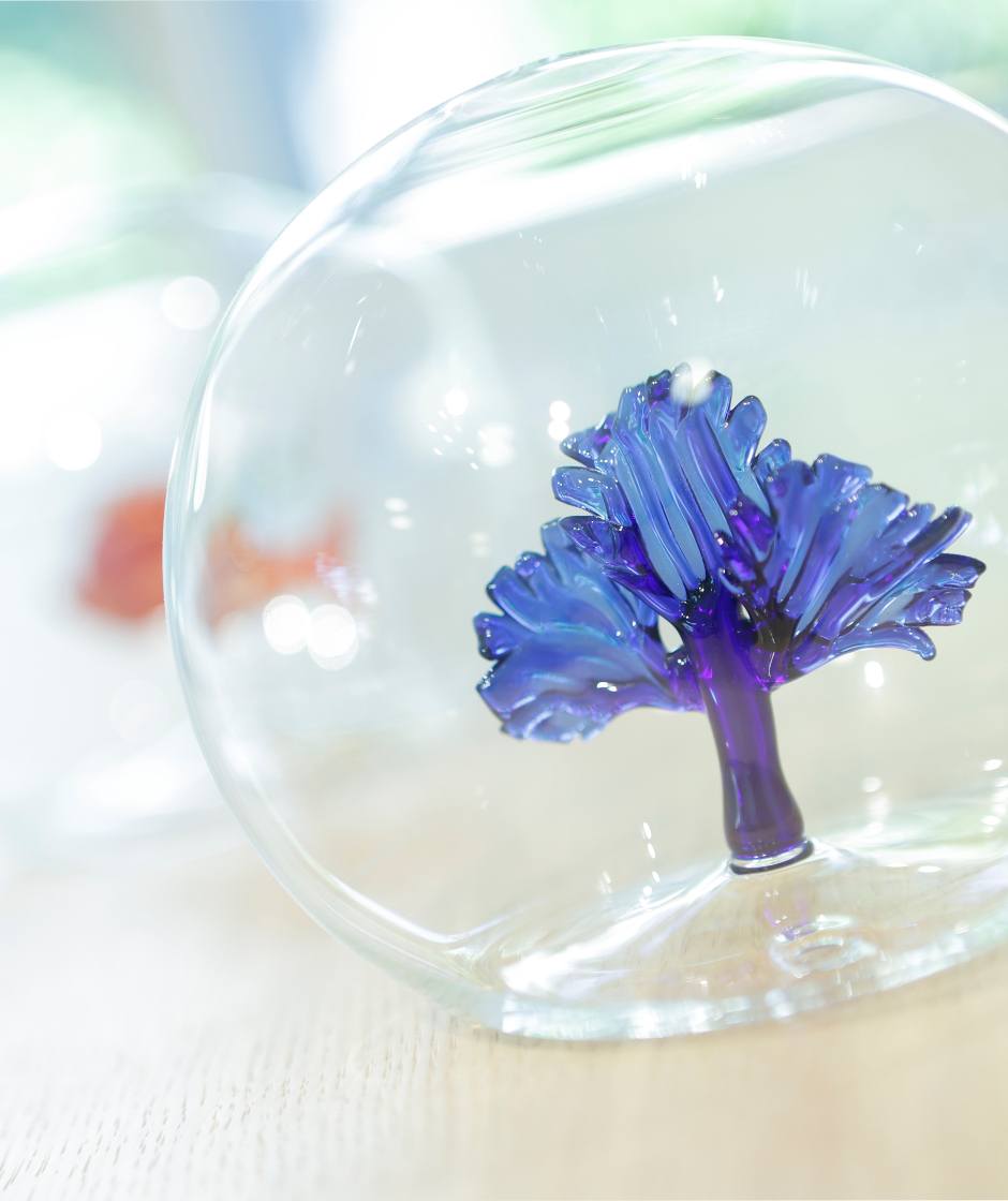 Eine Glasblase welche im Besprechungszimmer als Deko auf dem Tisch aufgestellt ist.