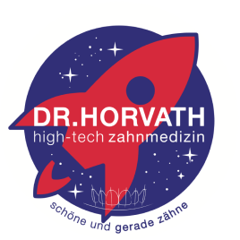 Praxislogo. Eine rote startende Rakete auf dunkelblauem Hintergrund mit der Aufschrift: Dr. Horvath; high-tech Zahnmedizin. Schöne und gerade Zähne.