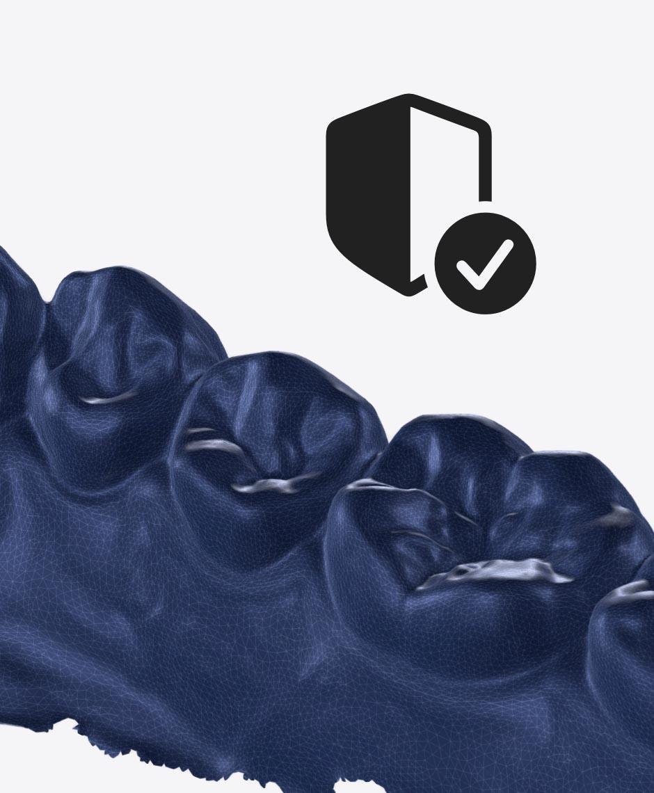 Digitale 3D-Darstellung von gescannten Zähnen mit einem Schutzschild, symbolisch für die sichere Archivierung und dauerhafte Bewahrung der Zahngesundheit im Rahmen von Project Smile Capsule.
