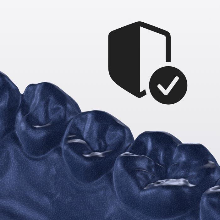 Digitale 3D-Darstellung von gescannten Zähnen mit einem Schutzschild, symbolisch für die sichere Archivierung und dauerhafte Bewahrung der Zahngesundheit im Rahmen von Project Smile Capsule.