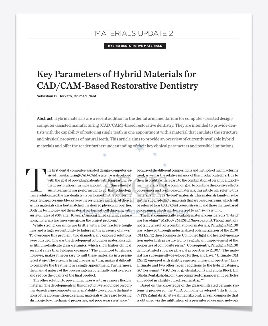 Titelseite der Fachpublikation über CAD/CAM-Hybridkeramik, Materialeigenschaften und klinische Indikationen