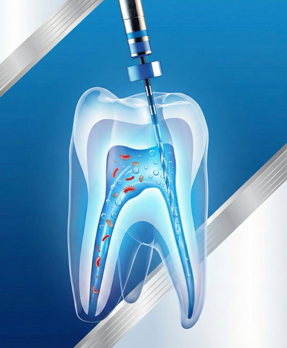 Desinfektion der Wurzelkanäle während einer Wurzelkanalbehandlung – sorgfältige Reinigung zur Entfernung von Bakterien und Entzündungen.